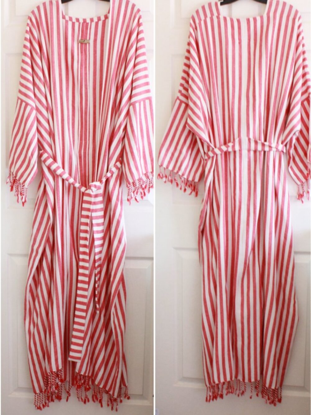 Orient 499 Handcrafted Stripe Cotton Abaya Long Sleeve Belted Robe Tassels